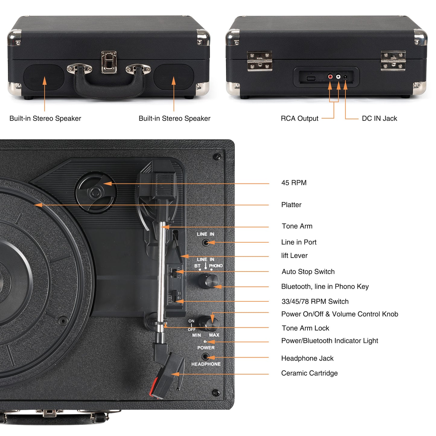 Udreamer Vinyl Record Player Turntable with Bluetooth,3-Speed Portable Vintage Audio Turntables,Black