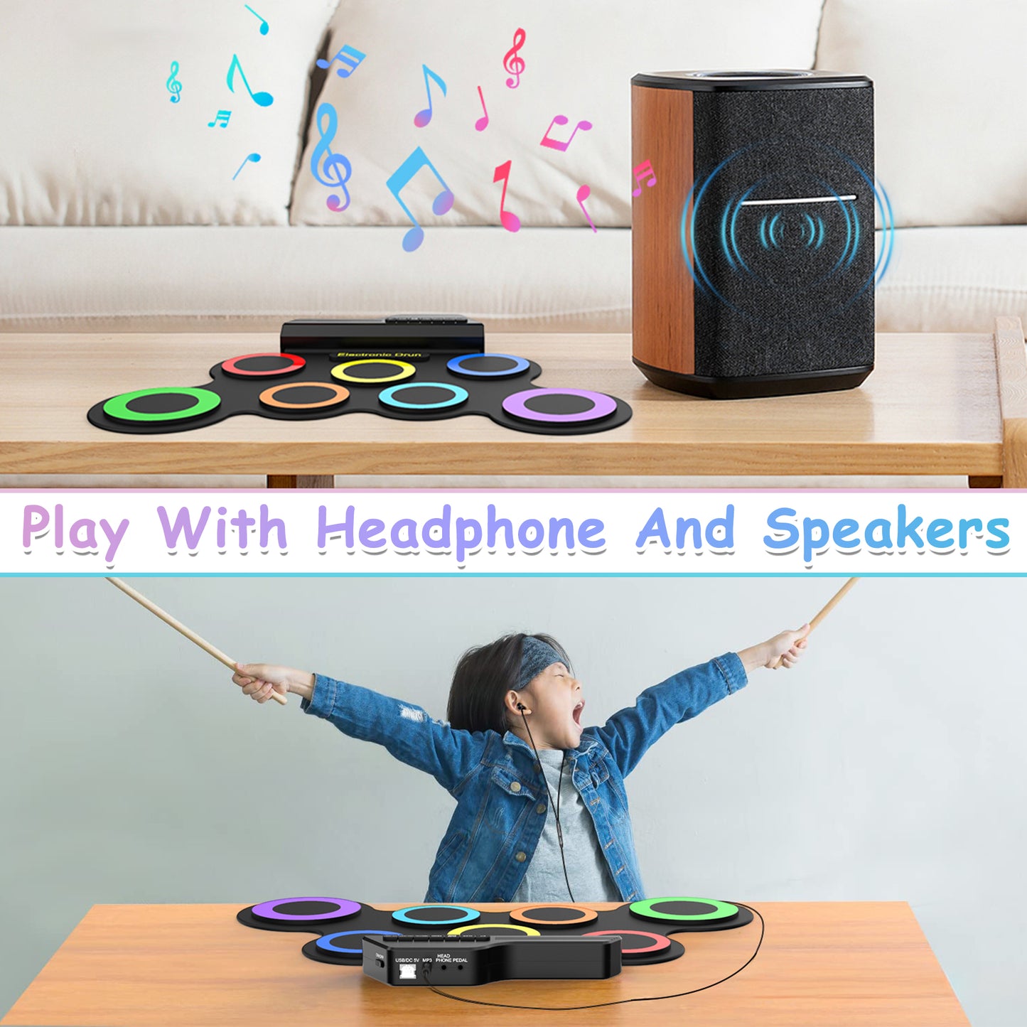 Udreamer Electronic Drum Set, 7-Pad Bluetooth Portable Electronic Drum Kit, Roll-Up Drum,Christmas Holiday Birthday Gift，Rainbow