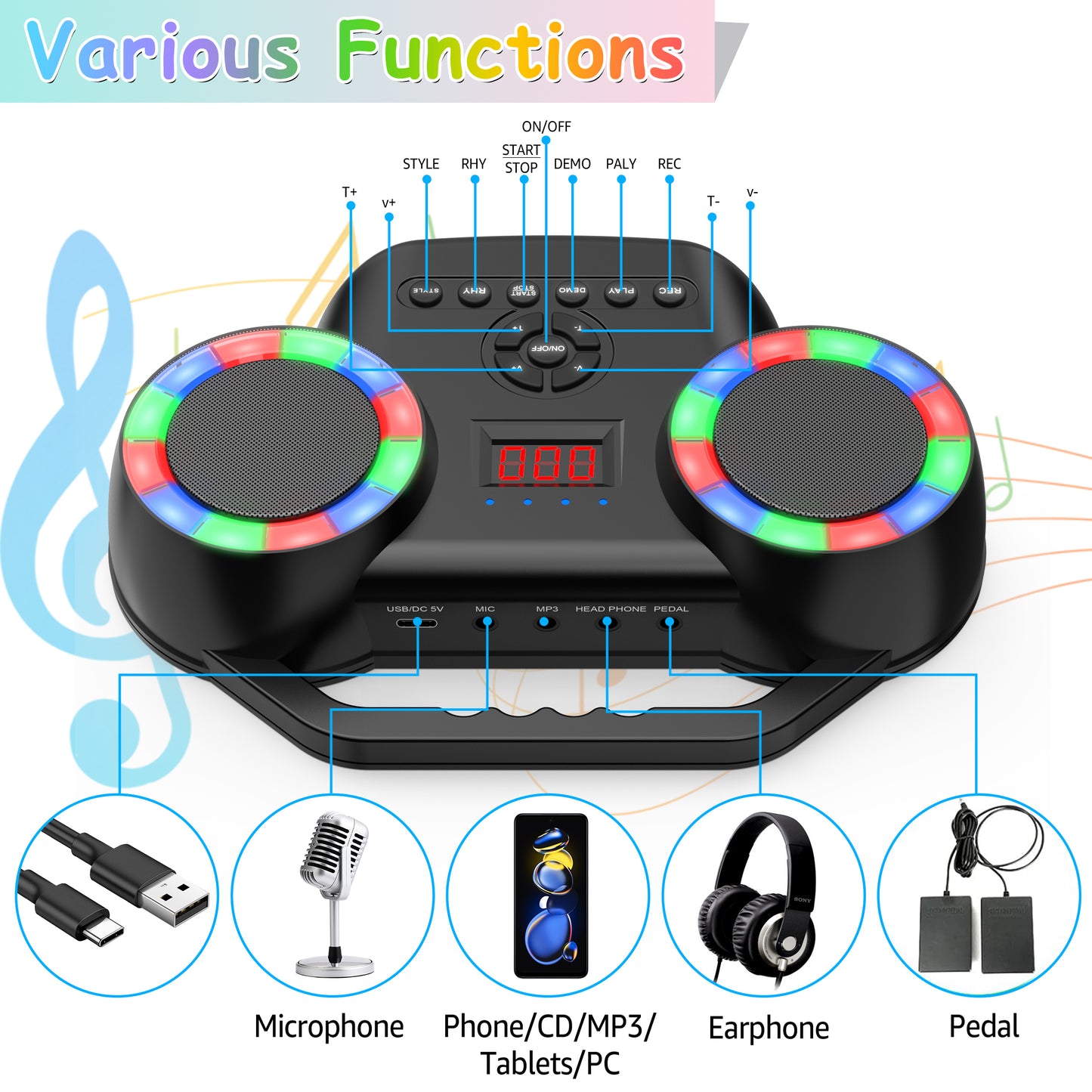 Portable Electric Drum Set with Headphone: 9-Pad Electronic Drum Pad with Dual Speaker for Beginner - Holiday Birthday Christmas Gifts