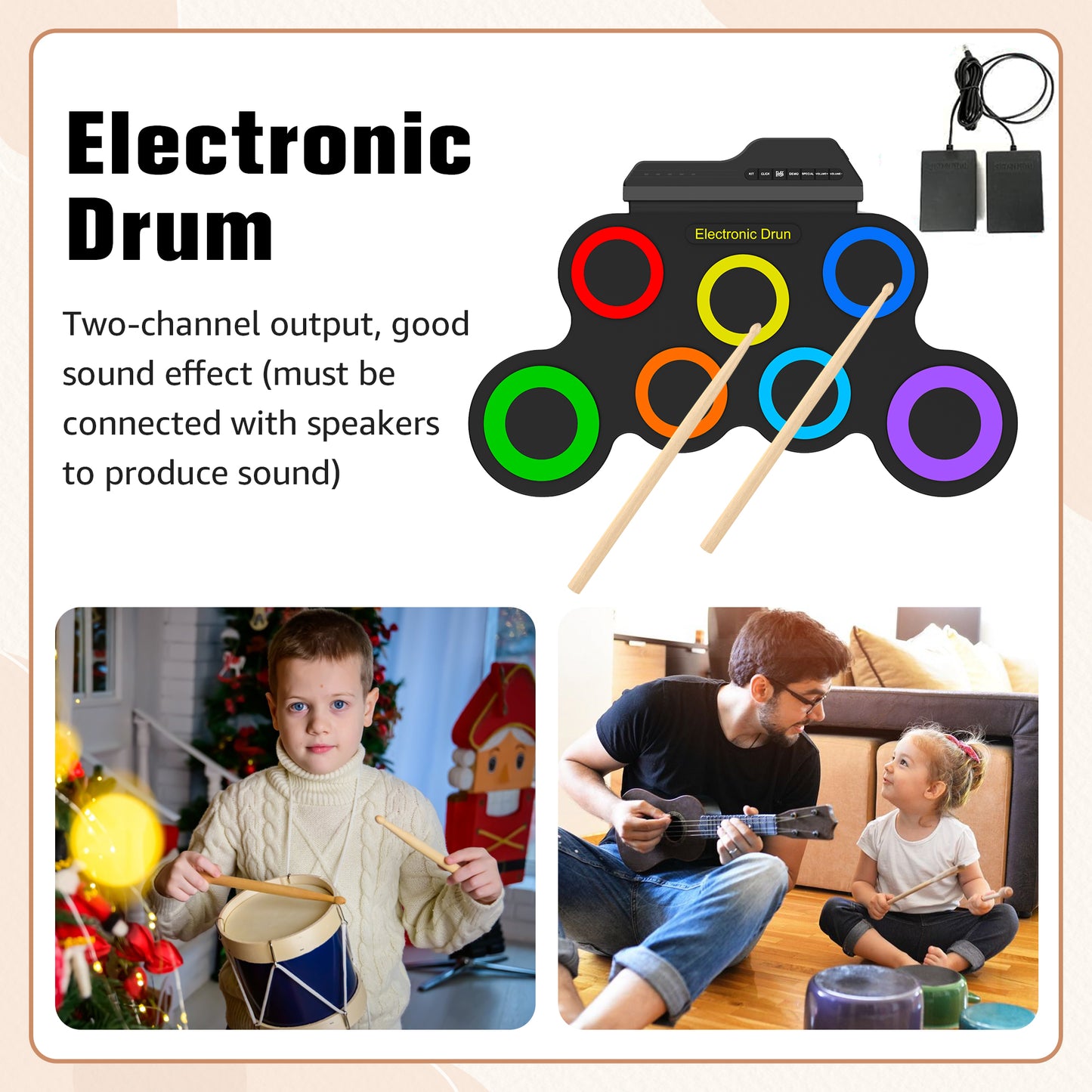 Udreamer Electronic Drum Set, 7-Pad Bluetooth Portable Electronic Drum Kit, Roll-Up Drum,Christmas Holiday Birthday Gift，Rainbow
