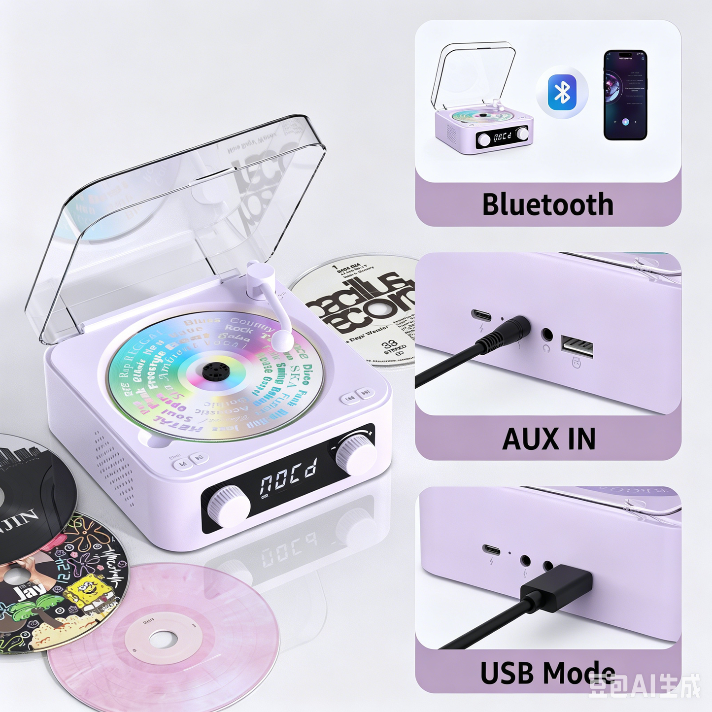 Udreamer Portable CD Players for Home Stereos, Home CD player Portable,CD player with Bluetooth,FM,Stereo Speakers | Purple