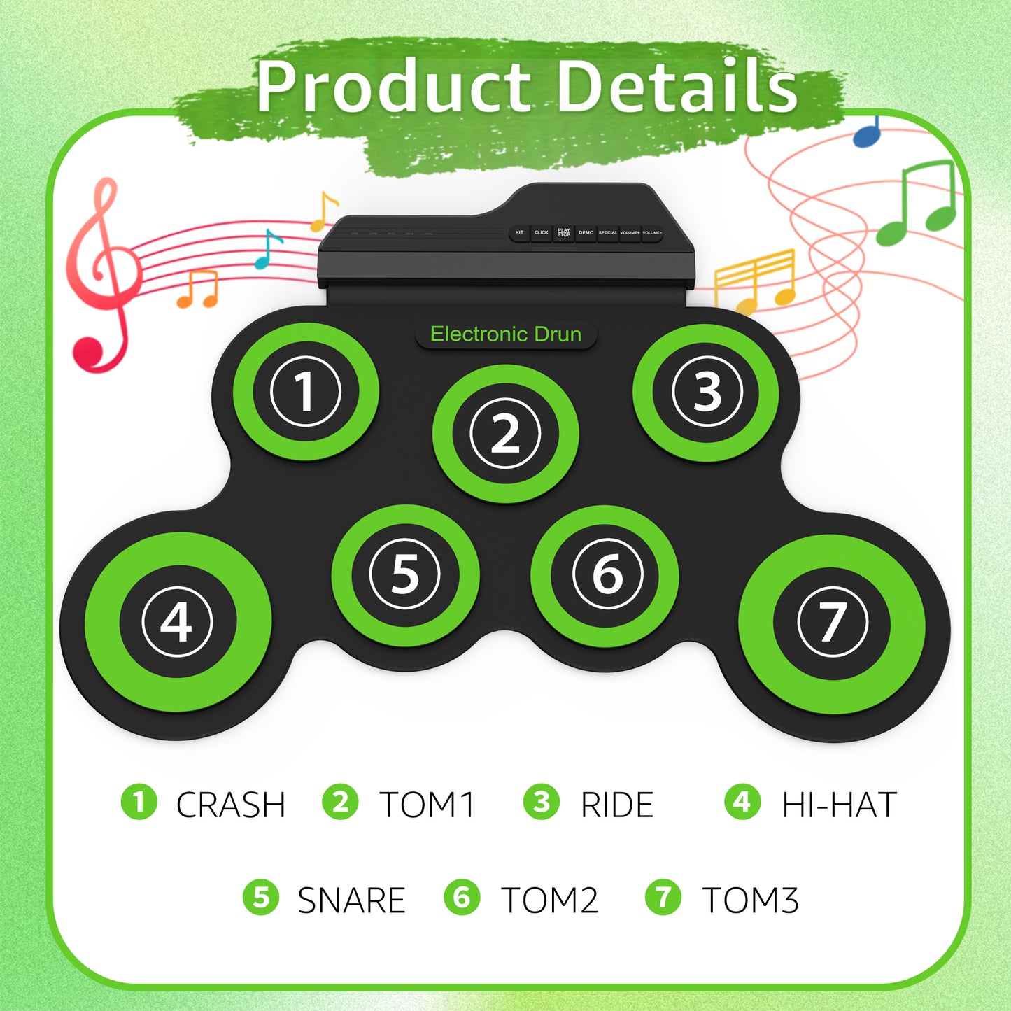 Udreamer Electronic Drum Set, 7-Pad Bluetooth Portable Electronic Drum Kit, Roll-Up Drum,Christmas Holiday Birthday Gift，Rainbow