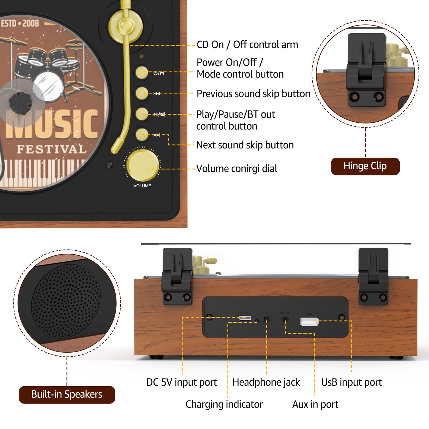 Udreamer CD Players for Home,Portable CD Boombox, Digital Portable CD Player with Bluetooth Hi-Fi Stereo Sound,Remote Control, Support AUX/USB, Headphone Jack, Black