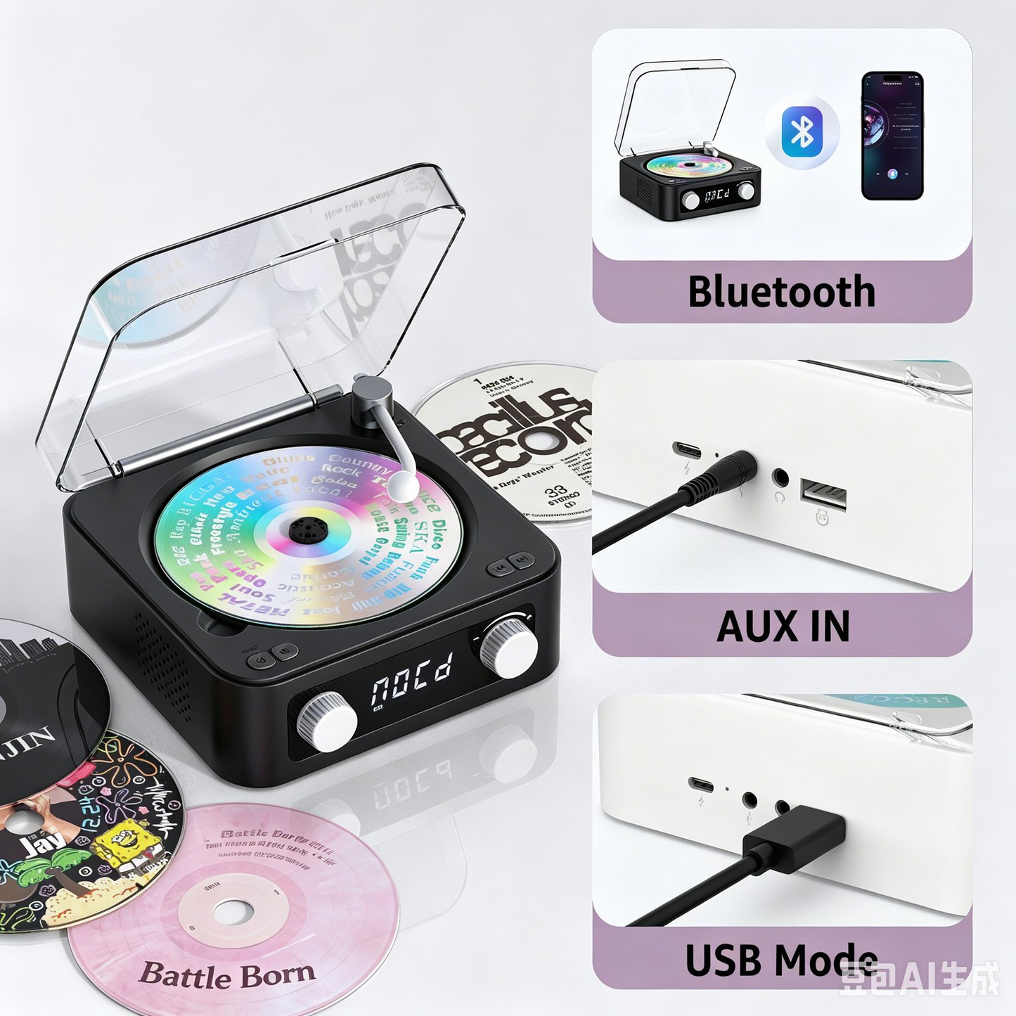 Udreamer CD Players for Home,Digital Portable CD Player with Bluetooth Hi-Fi Stereo Sound,Remote Control, Support AUX/USB, Headphone Jack,Purple