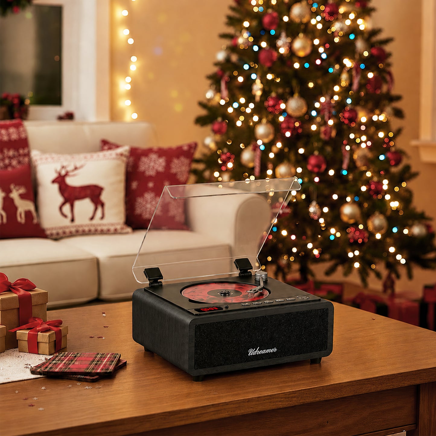 Udreamer Retro CD Player, Wood Vintage CD Players for Home | HiFi Bass Boost & FM Radio with Remote Control,Sleep Timer,USB/AUX IN,Black