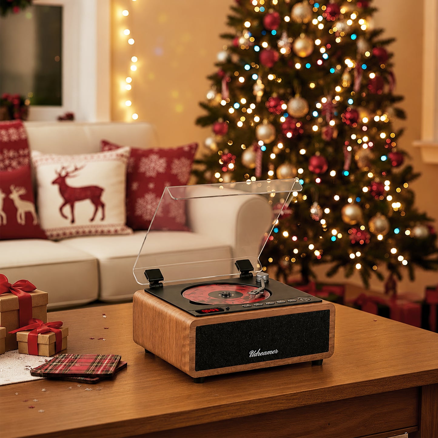 Udreamer Retro CD Player, Vintage CD Players for Home | HiFi Bass Boost & FM Radio with Remote Control,Sleep Timer,USB/AUX IN,Brown